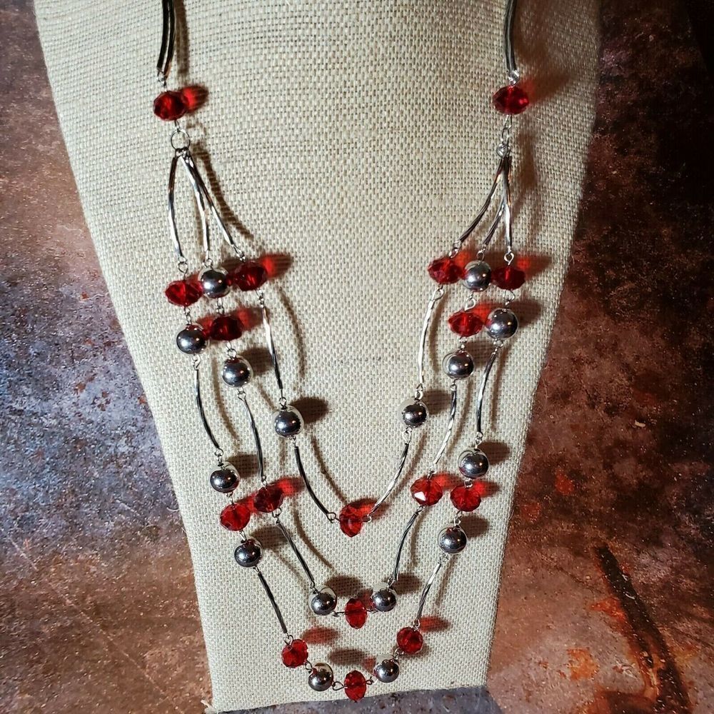 Handcrafted Art Deco Red Silver Draped Multistrand Glass Metal Beads Necklace - Picture 8 of 8